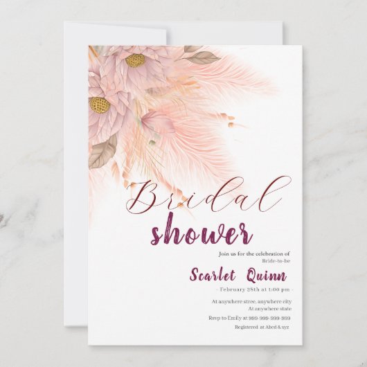 Modern blush roze pampas gras vrijgezellenfeest kaart (Voorkant)