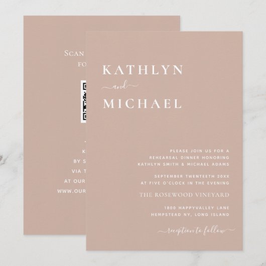 Modern Blush Roze QR Code Eenvoudig repetitie dine Kaart (Voorkant / Achterkant)