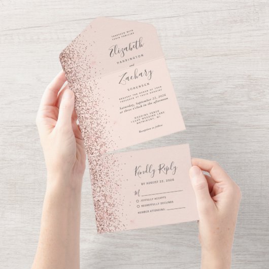 Modern Blush Roze Rose Goud Glitter Bruiloft All In One Uitnodiging (Afscheurbaar)