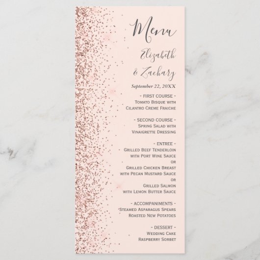 Modern Blush Roze Rose Goud Glitter Edge Bruiloft Menu (Voorkant)