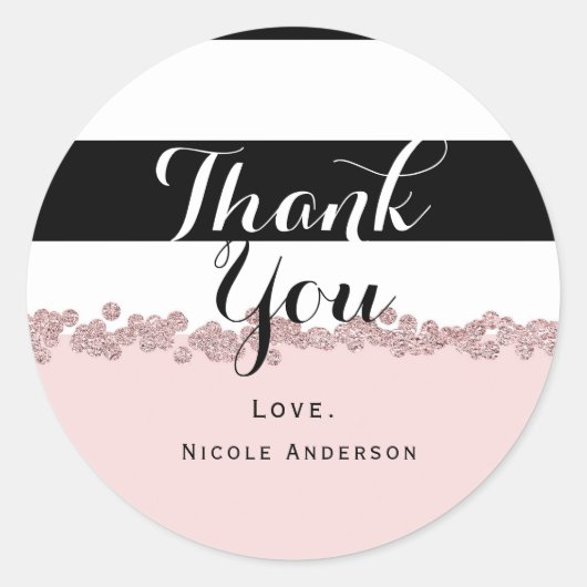 Modern Blush Roze Rose Goud Zwart & Wit Streep Ronde Sticker (Voorkant)