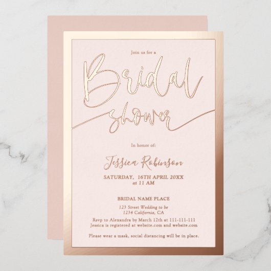Modern blush roze script trendy vrijgezellenfeest folie uitnodiging (Voorkant / Achterkant)