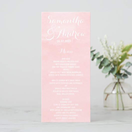 Modern blush roze waterverf bruiloft menu (Staand voorkant)