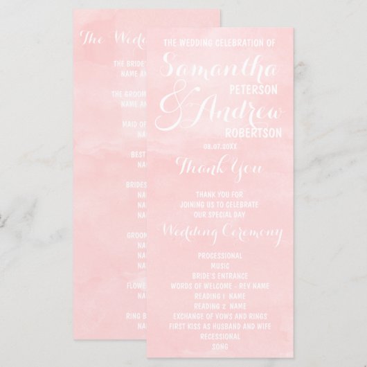 Modern blush roze waterverf bruiloft programma programmakaart (Voorkant / Achterkant)