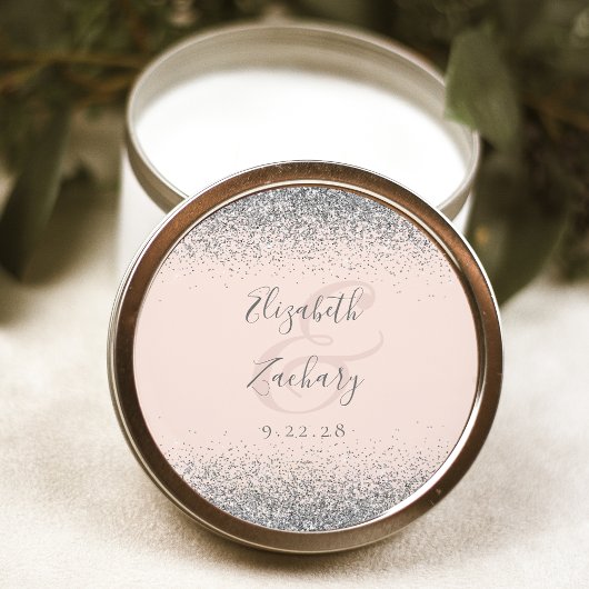 Modern Blush Roze Zilver Glitter Edge Bruiloft Ronde Sticker