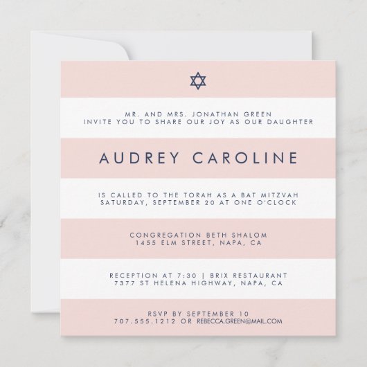 Modern Blush Stripe Bat Mitzvah Invitation Kaart (Voorkant)