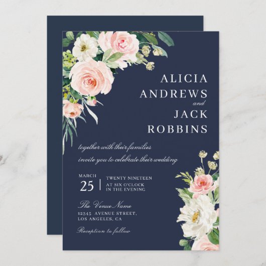 Modern Blush waterverf Bloemen Bruiloft Uitnodigin Kaart (Voorkant / Achterkant)