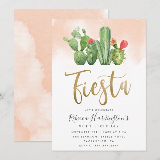 Modern Blush Waterverf en Cactus Fiesta Birthday Kaart (Voorkant / Achterkant)