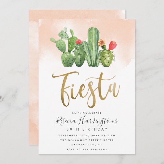 Modern Blush Waterverf en Cactus Fiesta Birthday Kaart (Voorkant / Achterkant)