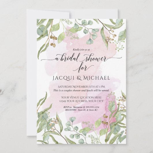 Modern Blush Waterverf Eucalyptus groen bruids Kaart (Voorkant)