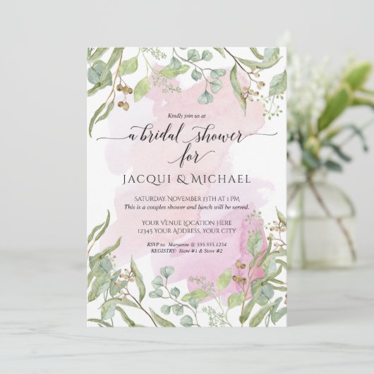 Modern Blush Waterverf Eucalyptus groen bruids Kaart (Staand voorkant)