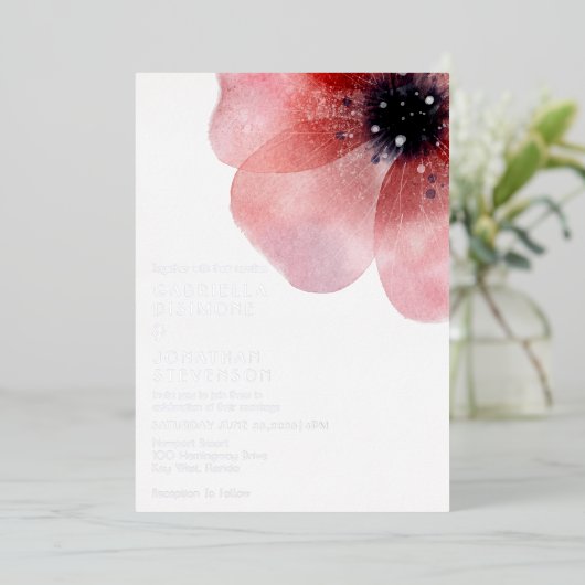 Modern Blush Waterverf Poppy Wedding Silver Folie Uitnodiging (Staand Voorkant)