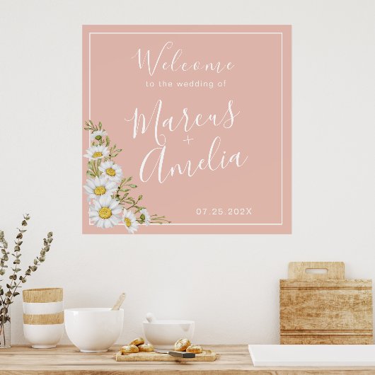 Modern Blush & White Daisies Weddenschap Welkom Poster (Keuken)