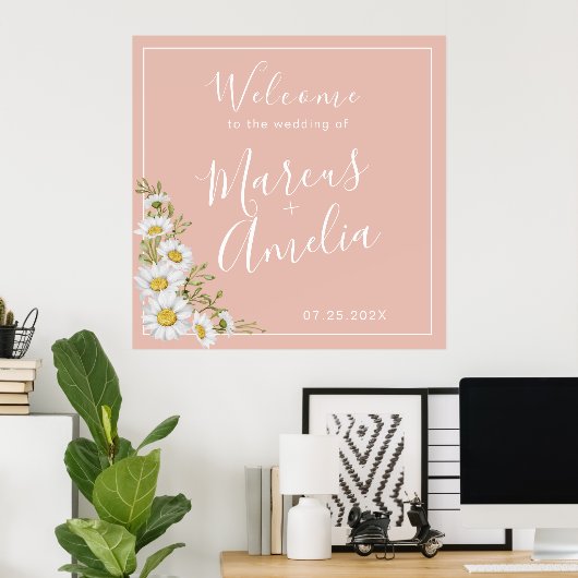 Modern Blush & White Daisies Weddenschap Welkom Poster (Thuiskantoor)