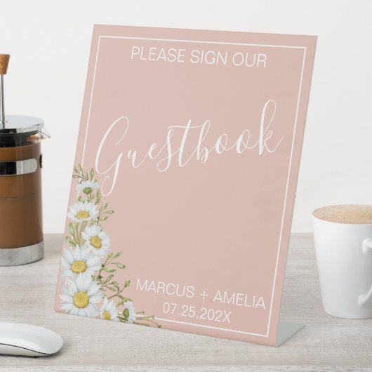 Modern Blush & White Daisies Wedding Guestbook Reclamebord Met Voetstuk (Insitu)