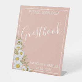 Modern Blush & White Daisies Wedding Guestbook Reclamebord Met Voetstuk