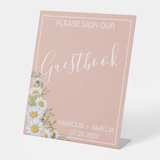 Modern Blush & White Daisies Wedding Guestbook Reclamebord Met Voetstuk (Voorkant)