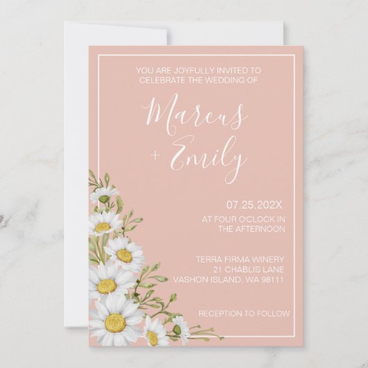 Modern Blush & White Daisies Wedding Kaart (Voorkant)