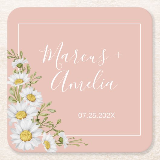 Modern Blush & White Daisies Wedding Kartonnen Onderzetters (Voorkant)