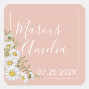 Modern Blush & White Daisies Wedding Vierkante Sticker