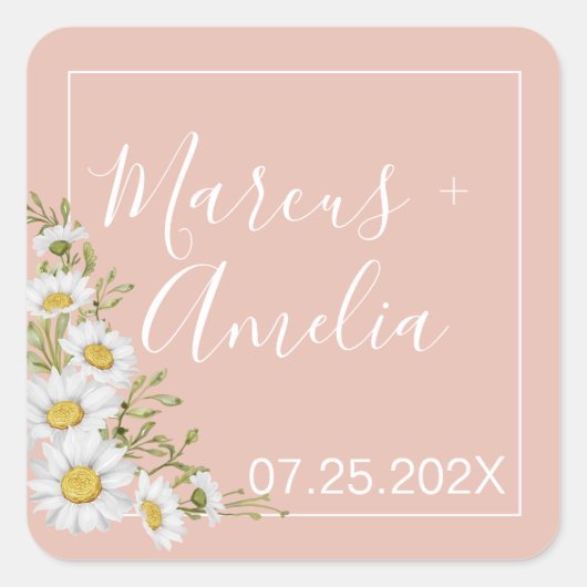 Modern Blush & White Daisies Wedding Vierkante Sticker (Voorkant)