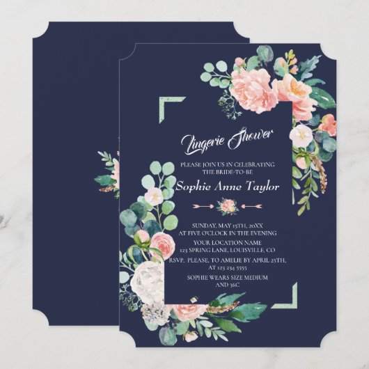 Modern Blush White Floral Lijst Lingerie Douche Kaart (Voorkant / Achterkant)