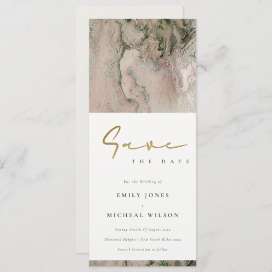 MODERN BLUSKY ROOS GOLD AGATE SAVE THE DATE KAART (Voorkant / Achterkant)