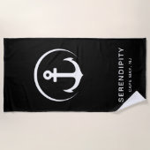 Modern Boat Anchor Monogram Zwart Strandlaken (Voorkant)