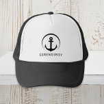Modern Boat Anchor Monogram Zwart Trucker Pet<br><div class="desc">Een modern zwart pet met nautische thema,  met een afbeelding van een anker in een cirkel en de naam van uw boot in eenvoudige typografie.</div>