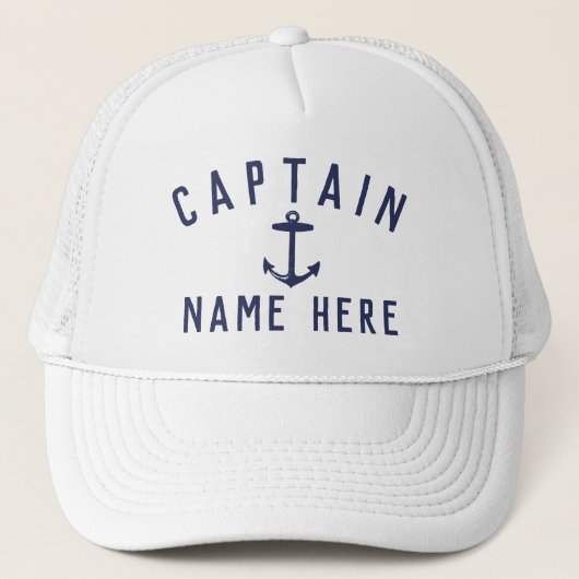 Modern Boat Captain Name Nautical Anchor Navy Blue Trucker Pet (Voorkant)