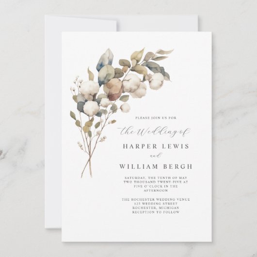 Modern boeket waterverf katoen qr code bruiloft kaart (Voorkant)