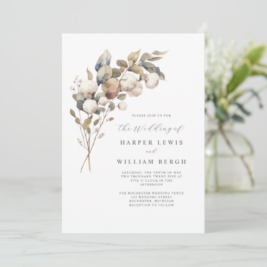 Modern boeket waterverf katoen qr code bruiloft kaart (Staand voorkant)