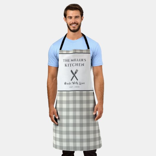Modern Boerderij Grijs Gingham Persoonlijk Schort (Gedragen)