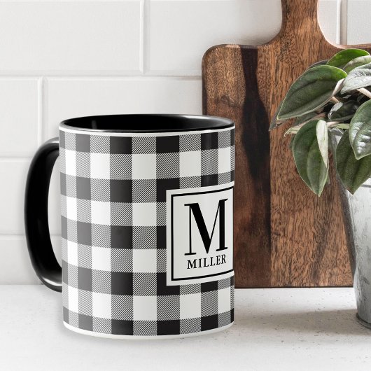 Modern Boerderij Zwart Buffalo Geruit Monogram Mok
