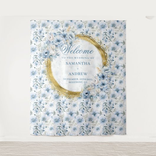 Modern Boheems lichtblauw gouden trouwtapijt Wandkleed (Voorkant)