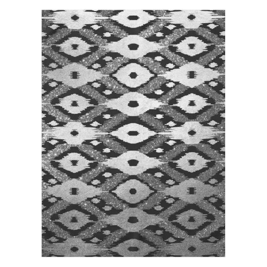 Modern Boheems Zilver Zwart Glitter Ikat Patroon Tafelkleed (Voorkant)