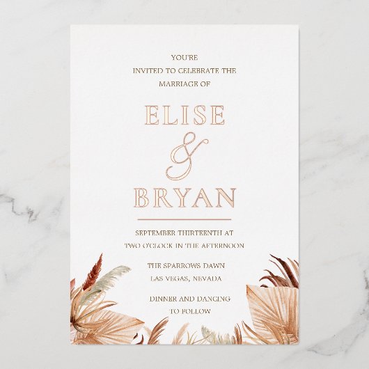 Modern Bohemen Roos Gold Foil Boho Wedding Folie Uitnodiging (Voorkant)