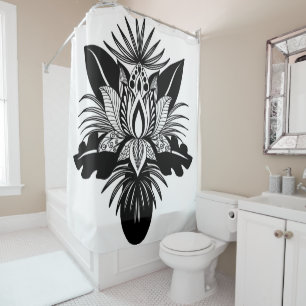 Modern Bohemian Black White Tropical Lotus Leaf Douchegordijn