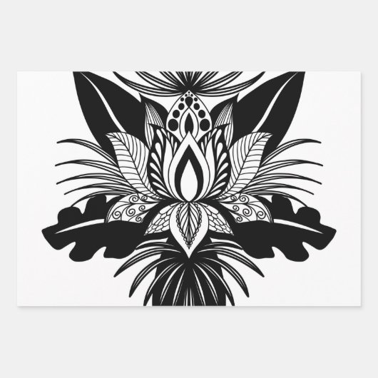 Modern Bohemian Black White Tropical Lotus Leaf Inpakpapier Vel (Voorkant)