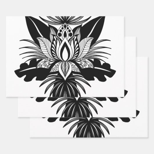 Modern Bohemian Black White Tropical Lotus Leaf Inpakpapier Vel (Set)