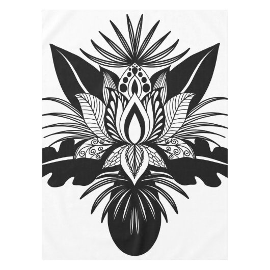 Modern Bohemian Black White Tropical Lotus Leaf Tafelkleed (Voorkant)