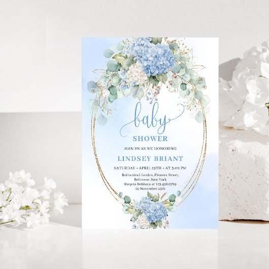 Modern Bohemian Blue Floral Baby Shower Invitation Kaart