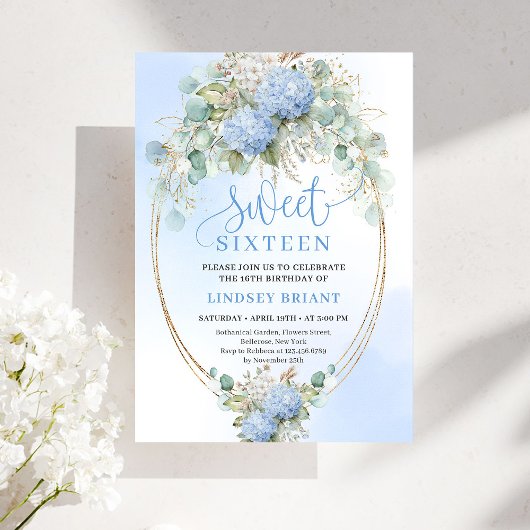 Modern Bohemian Blue Floral Gold Sweet 16 Birthday Kaart