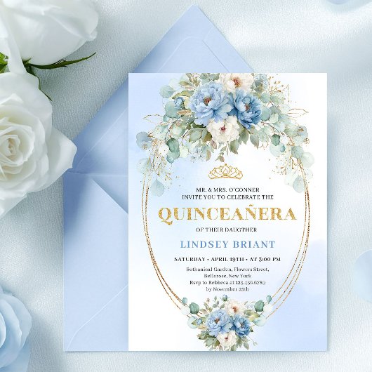 Modern Bohemian Blue Floral Quinceañera Digital  Kaart
