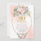 Modern Bohemian Blush Floral 90th Birthday Invite Kaart (Voorkant)