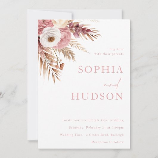 Modern Bohemian Dusty Roos Blush Bloemen Bruiloft Kaart (Voorkant)