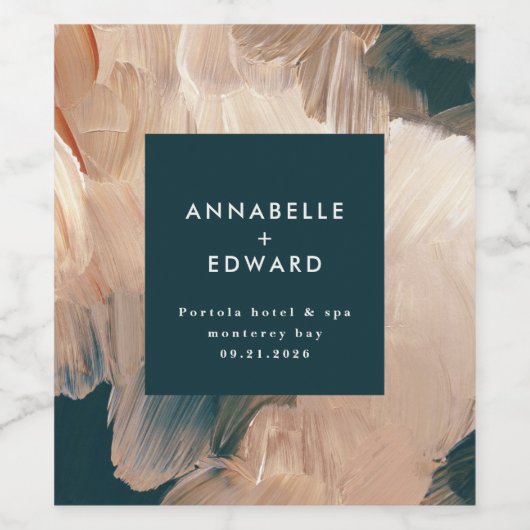 Modern bohemian painterly terracotta teal wedding wijn etiket (Enkel label)