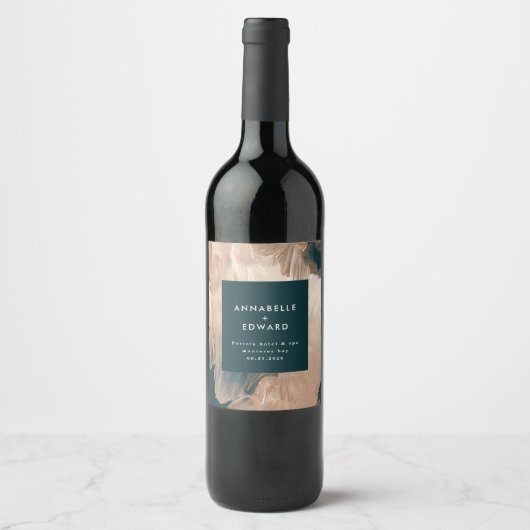 Modern bohemian painterly terracotta teal wedding wijn etiket (Voorkant)