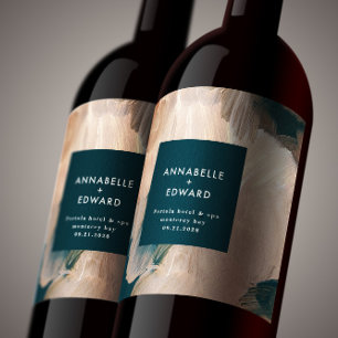 Modern bohemian painterly terracotta teal wedding wijn etiket