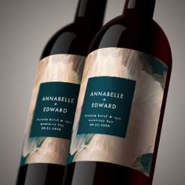 Modern bohemian painterly terracotta teal wedding wijn etiket